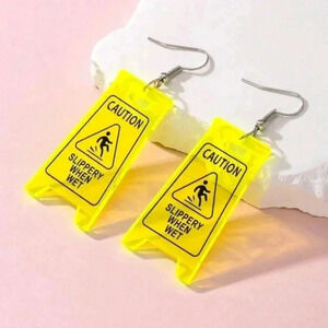 Funny yellow sign caution earrings jewelry fashion women's silver dangle plated